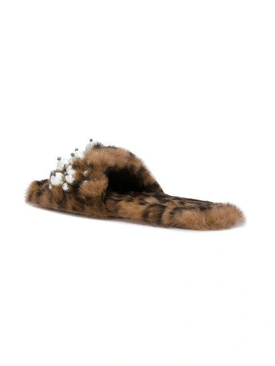 Shop Miu Miu Leopard Print Fur Pearl Lyn Slides In F098l Caramel