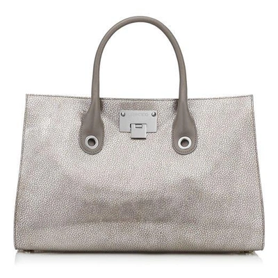 Shop Jimmy Choo Riley Platinum Metallic Grainy Leather Tote Bag