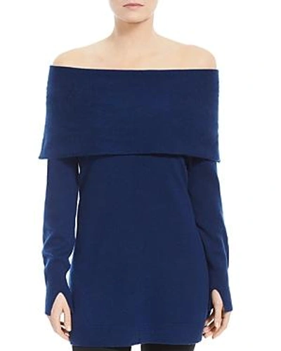 Shop Halston Heritage Fold-over Off-the-shoulder Wool & Cashmere Sweater In Navy