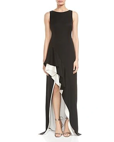 Shop Halston Heritage Color-block Asymmetric-skirt Gown In Black/cream