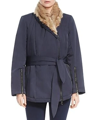 Shop Halston Heritage Faux Fur-lined Wrap Coat In Navy/shadow