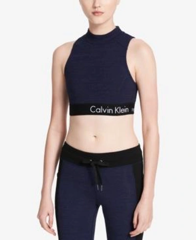 Shop Calvin Klein Performance Medium-support Crisscross Back Scuba Sports Bra In Indigo Heather