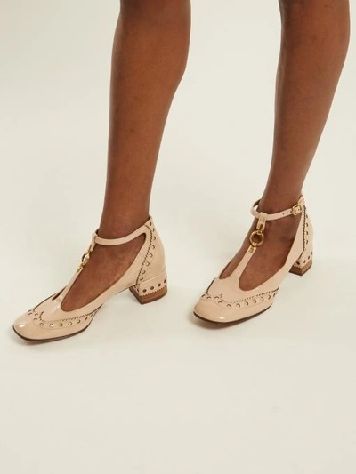 Chloé Perry Patent 45mm T-strap Pump, Mild Beige In Neutrals | ModeSens