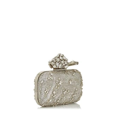 Shop Jimmy Choo Cloud Silver Embroidered Clutch Bag With Crystal Knot Clasp