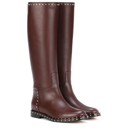 Shop Valentino Rockstud Leather Knee-high Boots In Brown