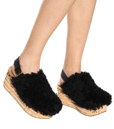 Shop Chloé Camille Platform Shearling Sandals In Black