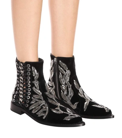 Shop Alexander Mcqueen Braided Chain Velvet Ankle Boots In Black