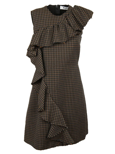 Shop Msgm Frill Fitted Dress In Brown