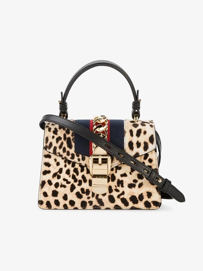 Shop Gucci Leopard Sylvie Mini Pony Tote Bag In Nude&neutrals