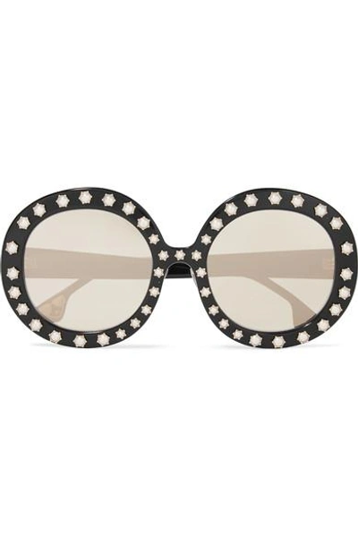Shop Alice And Olivia Bel Air Swarovski Pearl-embellished Round-frame Acetate Sunglasses In Black
