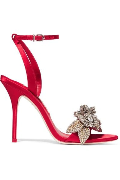 Shop Sophia Webster Lilico Crystal-embellished Satin Sandals In Red