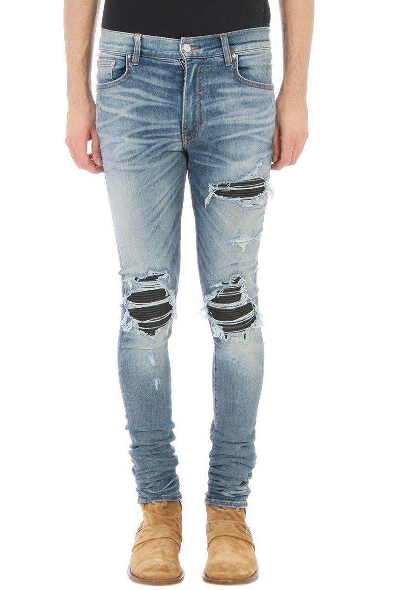 Amiri Leather Patch Biker Blue Denim Jeans In Cyan | ModeSens