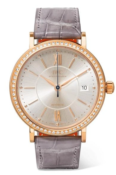 Shop Iwc Schaffhausen Portofino Automatic 37 Alligator, 18-karat Red Gold And Diamond Watch In Rose Gold