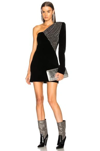 Shop Saint Laurent Embellished Velvet Cupro Compact One Shoulder Dress In Black