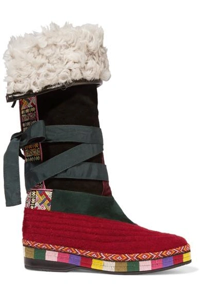 Shop Etro Shearling-lined Paneled Suede Knee Boots