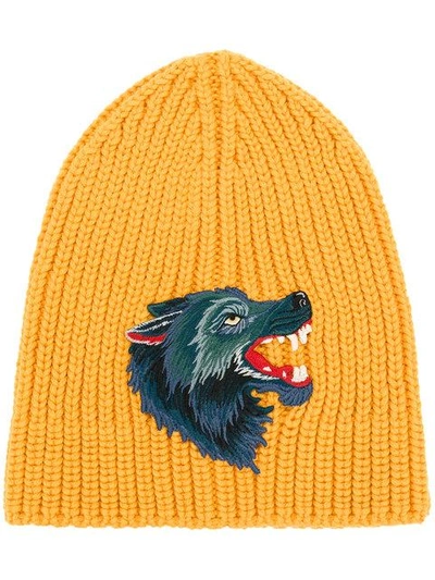 Shop Gucci Knitted Wolf Beanie - Yellow