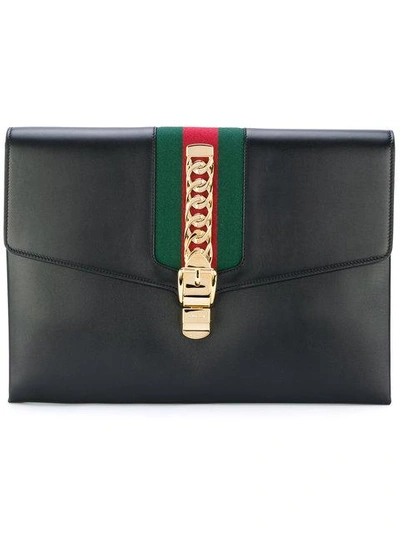 Shop Gucci Black Sylvie Maxi Leather Clutch Bag