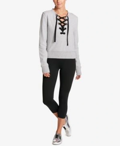 Shop Dkny Sport Cotton Lace-up Sweatshirt In Smoke Heather