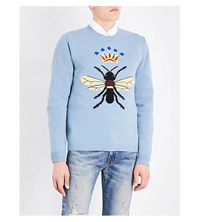 Shop Gucci Bee And Crown Wool Jumper In Blue