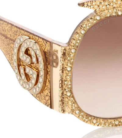 Shop Gucci Embellished Round Sunglasses In Gold