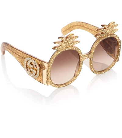 Shop Gucci Embellished Round Sunglasses In Gold