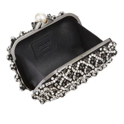 Shop Jimmy Choo Cloud Black Satin Clutch Bag With Crystal Bead Embroidery In Black/crystal