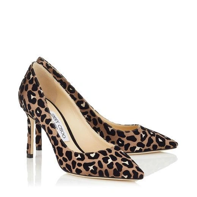 Shop Jimmy Choo Romy 85 Chai Mix Satin Pointy Toe Pumps With Flocked Leopard Print