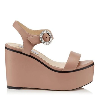 Shop Jimmy Choo Nylah 100 Ballet Pink Nappa Leather Wedge Sandals With Crystal Buckle In Ballet Pink/crystal