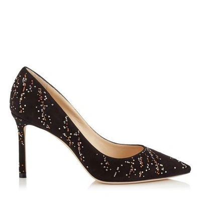 Shop Jimmy Choo Romy 85 Black Suede Pointy Toe Pumps With Gold Mix Hotfix Crystal Fireworks In Black/gold Mix