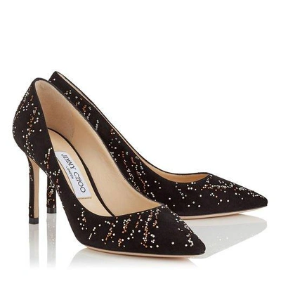 Shop Jimmy Choo Romy 85 Black Suede Pointy Toe Pumps With Gold Mix Hotfix Crystal Fireworks In Black/gold Mix