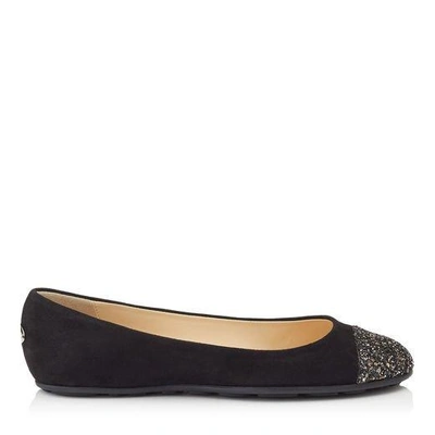 Shop Jimmy Choo Gaze Flat Black Suede Ballerina Flats With Bronze Mix Midnight Coarse Glitter Fabric Toe Cap In Black/bronze Mix