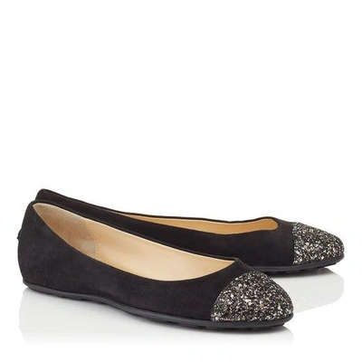 Shop Jimmy Choo Gaze Flat Black Suede Ballerina Flats With Bronze Mix Midnight Coarse Glitter Fabric Toe Cap In Black/bronze Mix