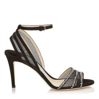 Shop Jimmy Choo Betty 85 Black Suede And Mesh Open Toe Pumps With Hotfix Crystals In Black/anthracite