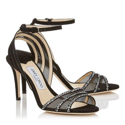 Shop Jimmy Choo Betty 85 Black Suede And Mesh Open Toe Pumps With Hotfix Crystals In Black/anthracite