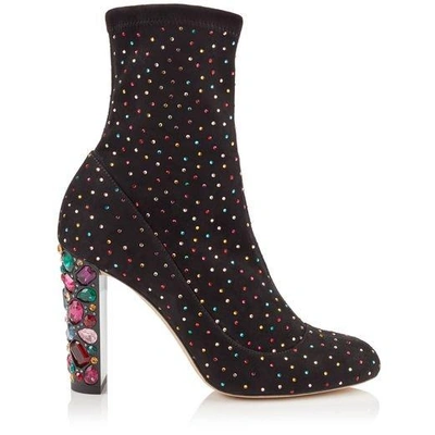 Shop Jimmy Choo Maine 100 Black Suede Booties With Multi Scattered Crystals And Embellished Heel, As Worn By Cara De In Multi/black