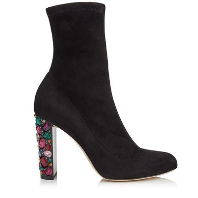 Shop Jimmy Choo Maine 100 Black Stretch Suede Booties With Embellished Heels