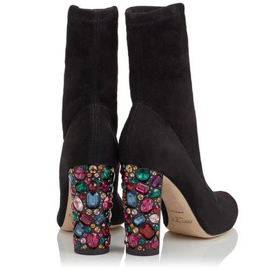 Shop Jimmy Choo Maine 100 Black Stretch Suede Booties With Embellished Heels