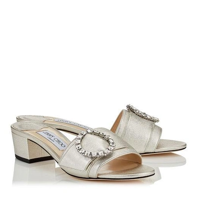 Shop Jimmy Choo Granger 35 Silver Metallic Nappa Leather Mules With Crystal Buckle In Silver/crystal