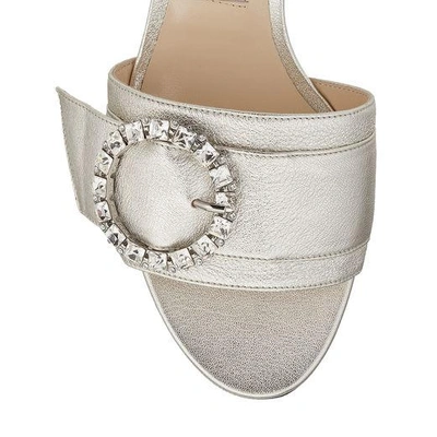Shop Jimmy Choo Granger 35 Silver Metallic Nappa Leather Mules With Crystal Buckle In Silver/crystal