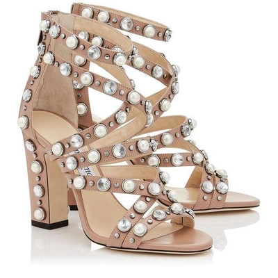 Shop Jimmy Choo Moore 100 Ballet Pink Calf Leather Sandals With Beads And Crystals