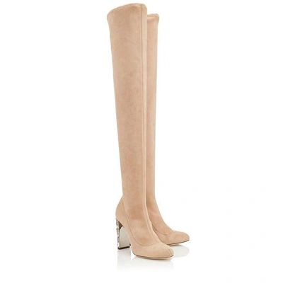 Shop Jimmy Choo Mya 100 Ballet Pink Stretch Suede Over The Knee Boots With Metallic Embellished Heel