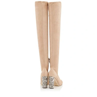 Shop Jimmy Choo Mya 100 Ballet Pink Stretch Suede Over The Knee Boots With Metallic Embellished Heel