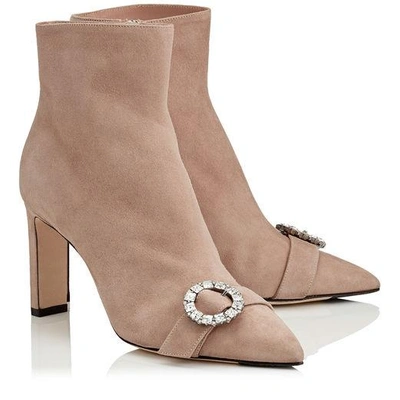 Shop Jimmy Choo Hanover 85 Ballet Pink Suede Booties With Crystal Buckle In Ballet Pink/crystal