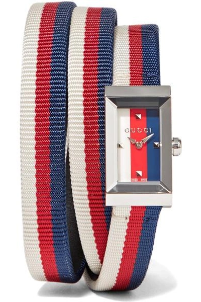 Shop Gucci Striped Canvas, Leather And Silver-tone Watch