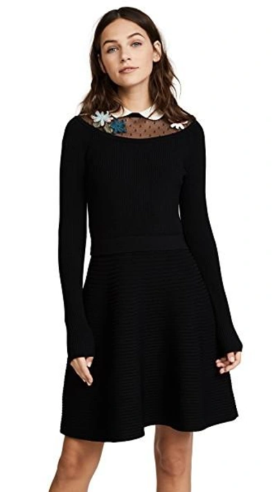 Shop Red Valentino Long Sleeve Embroidered Dress In Black