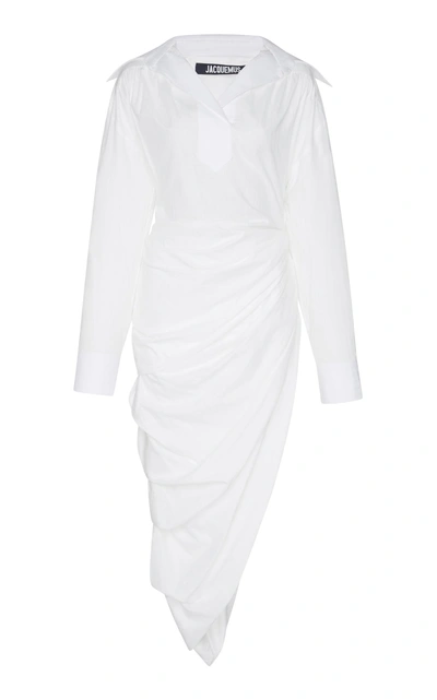 Shop Jacquemus Asymmetrical Draped Shirt Dress In White