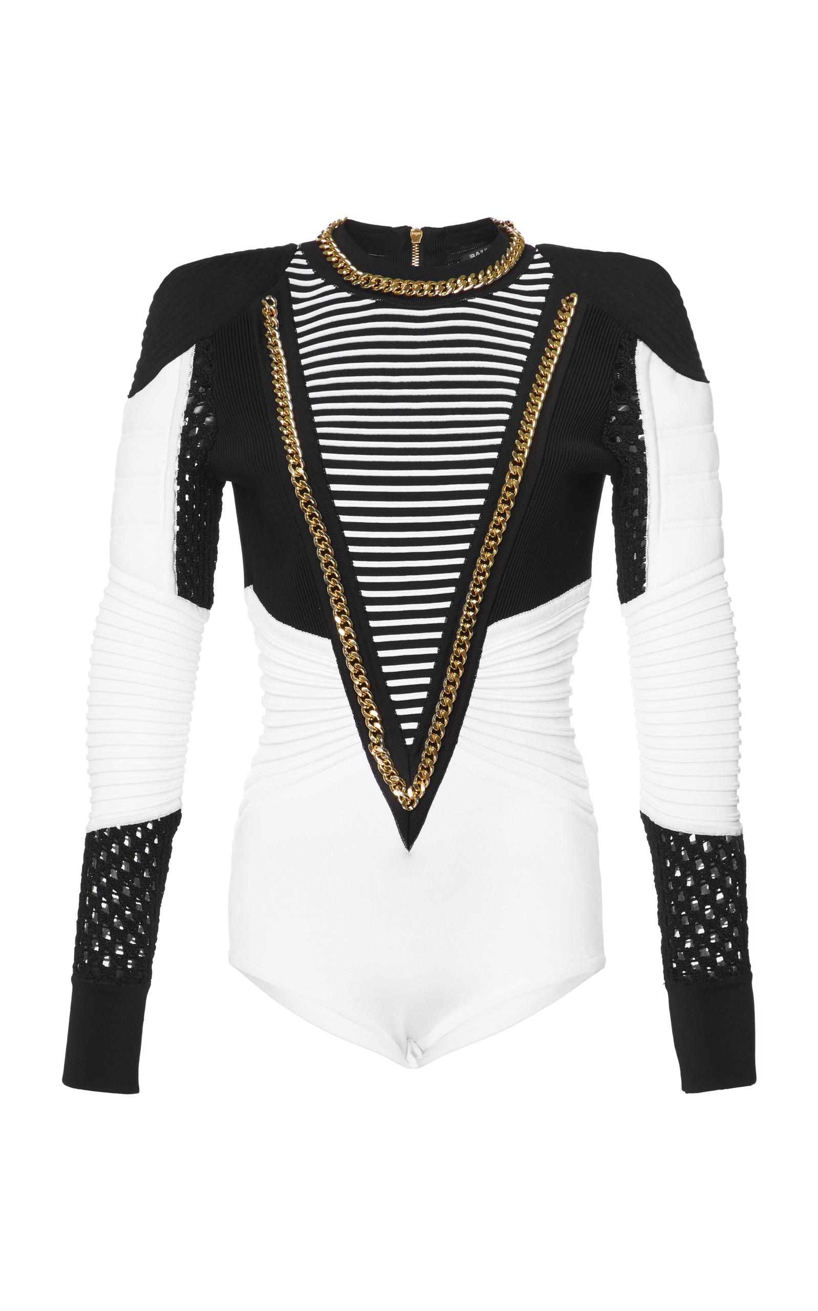 Balmain Ribbed Mesh-insert Bodysuit In Black/white | ModeSens