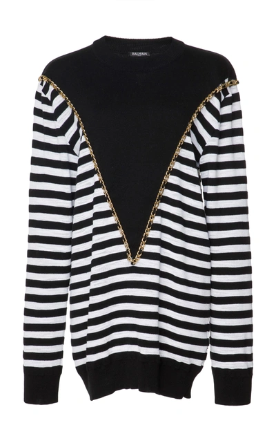 Shop Balmain Stripe And Chain Pullover In Black/white