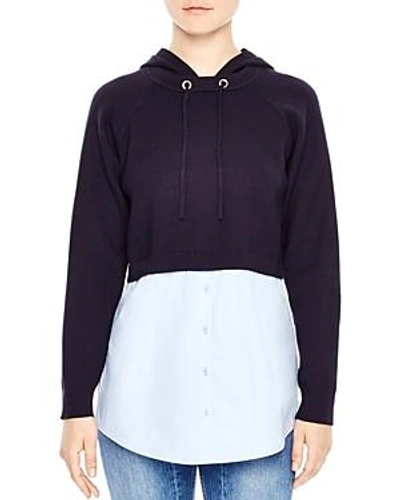 Shop Sandro Horia Hooded Combo Sweater In Navy Blue