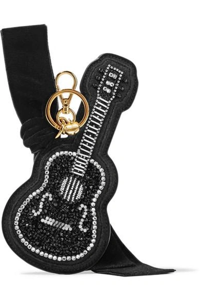 Shop Miu Miu Velvet-trimmed Embellished Suede Keychain In Black